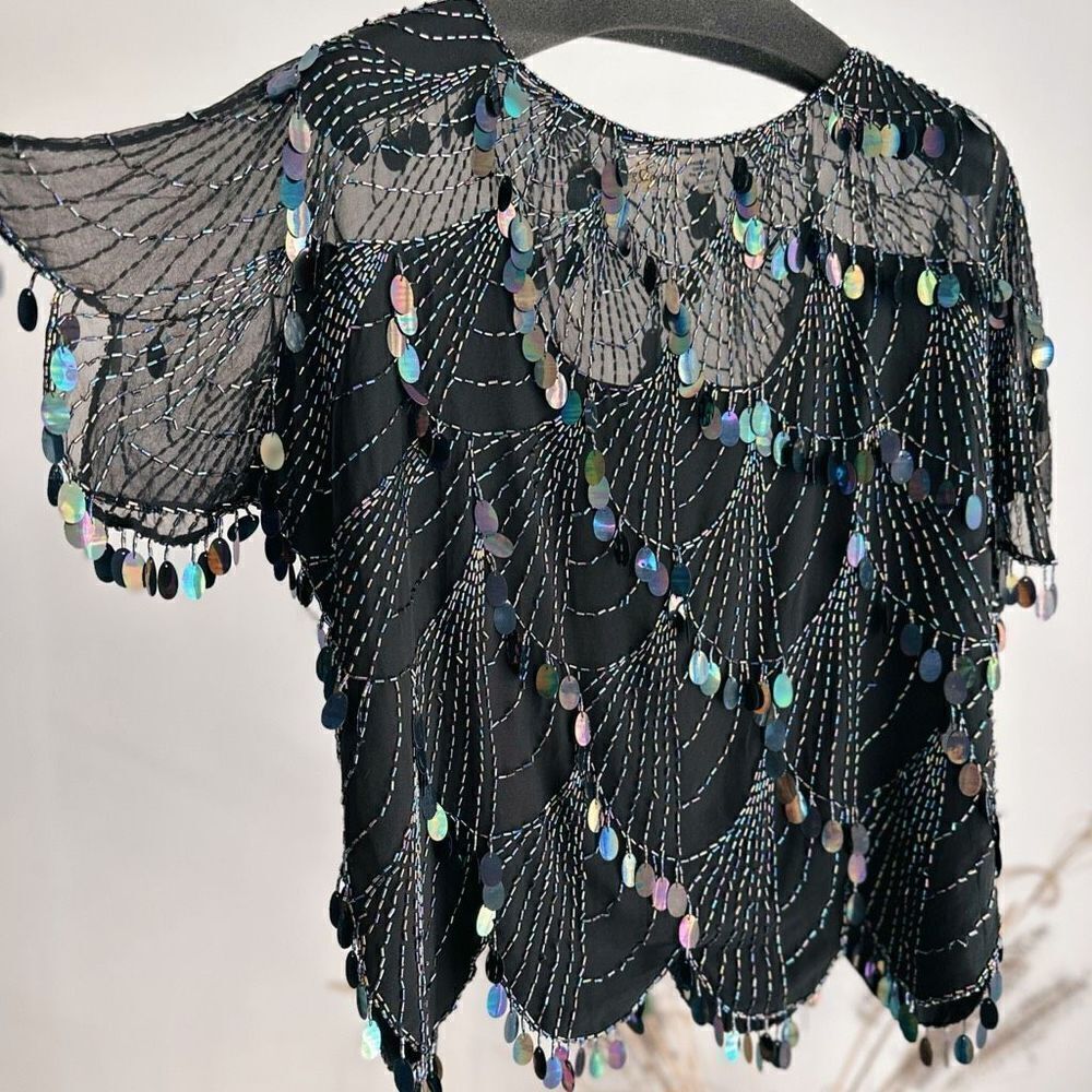 100% Silk Oleg Cassini Black Paillette Sequins Top Blouse Vintage Medium - Picture 3 of 7